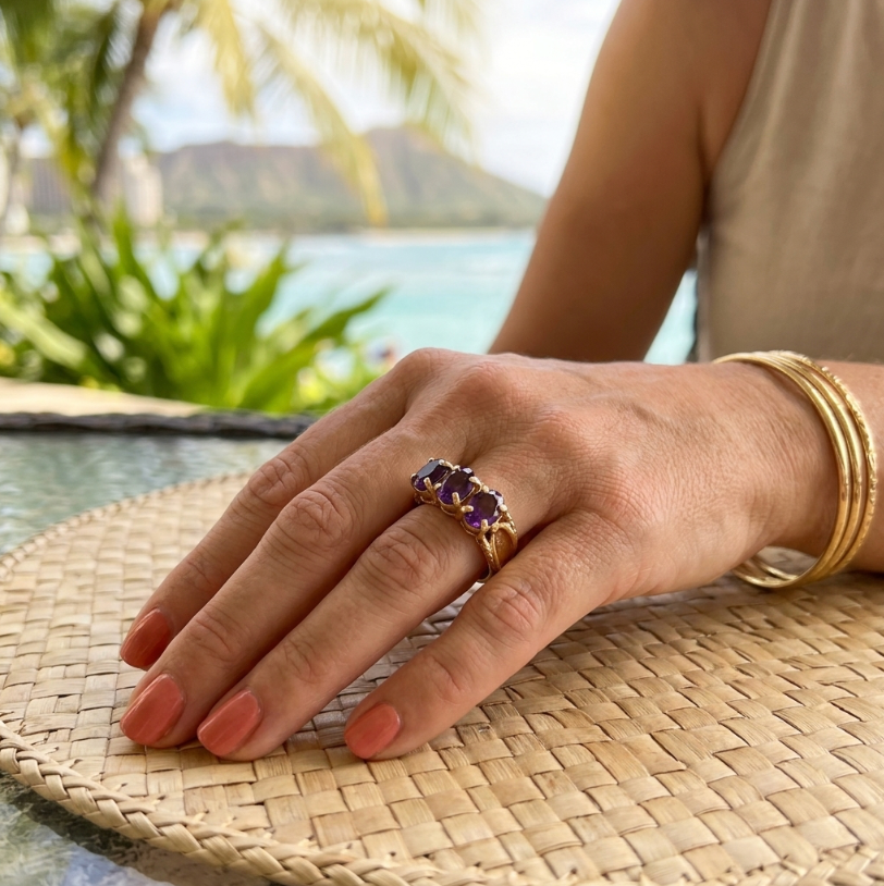 14K Vintage 3-Stone Luxury Amethyst  Ring