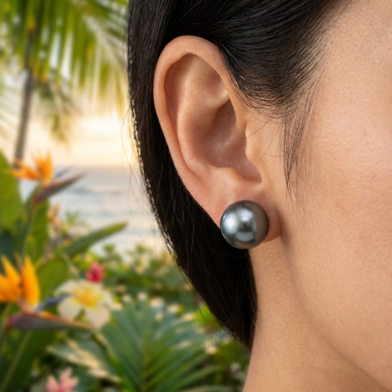 Impressive 13mm Tahitian Pearl Stud Earrings in 14k Yellow Gold Heavy Screw Backs