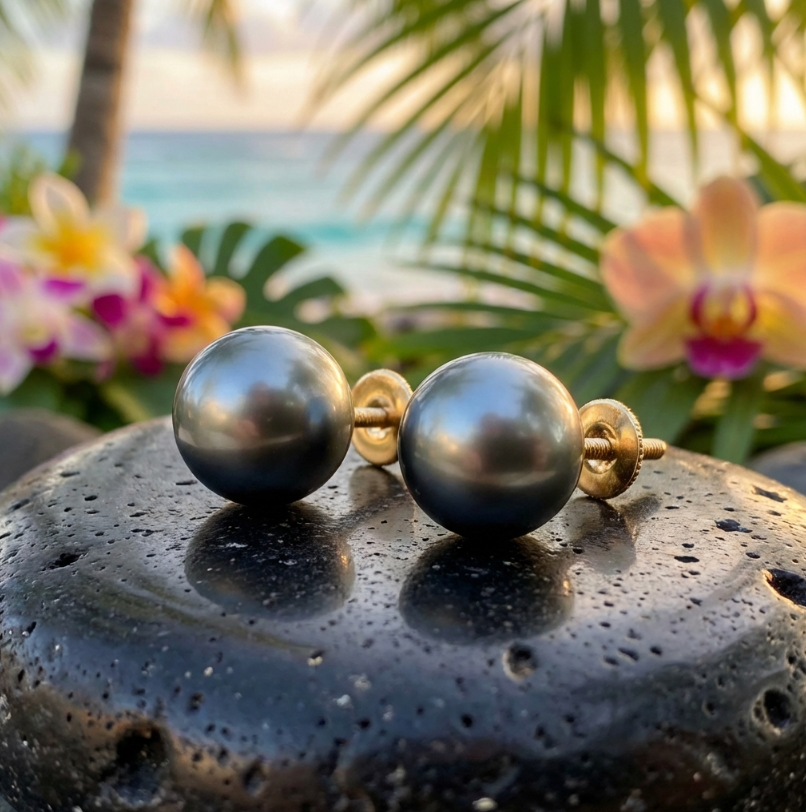 Impressive 13mm Tahitian Pearl Stud Earrings in 14k Yellow Gold Heavy Screw Backs