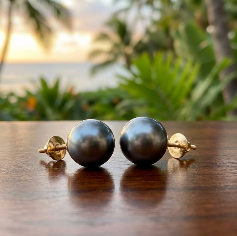 Impressive 13mm Tahitian Pearl Stud Earrings in 14k Yellow Gold Heavy Screw Backs