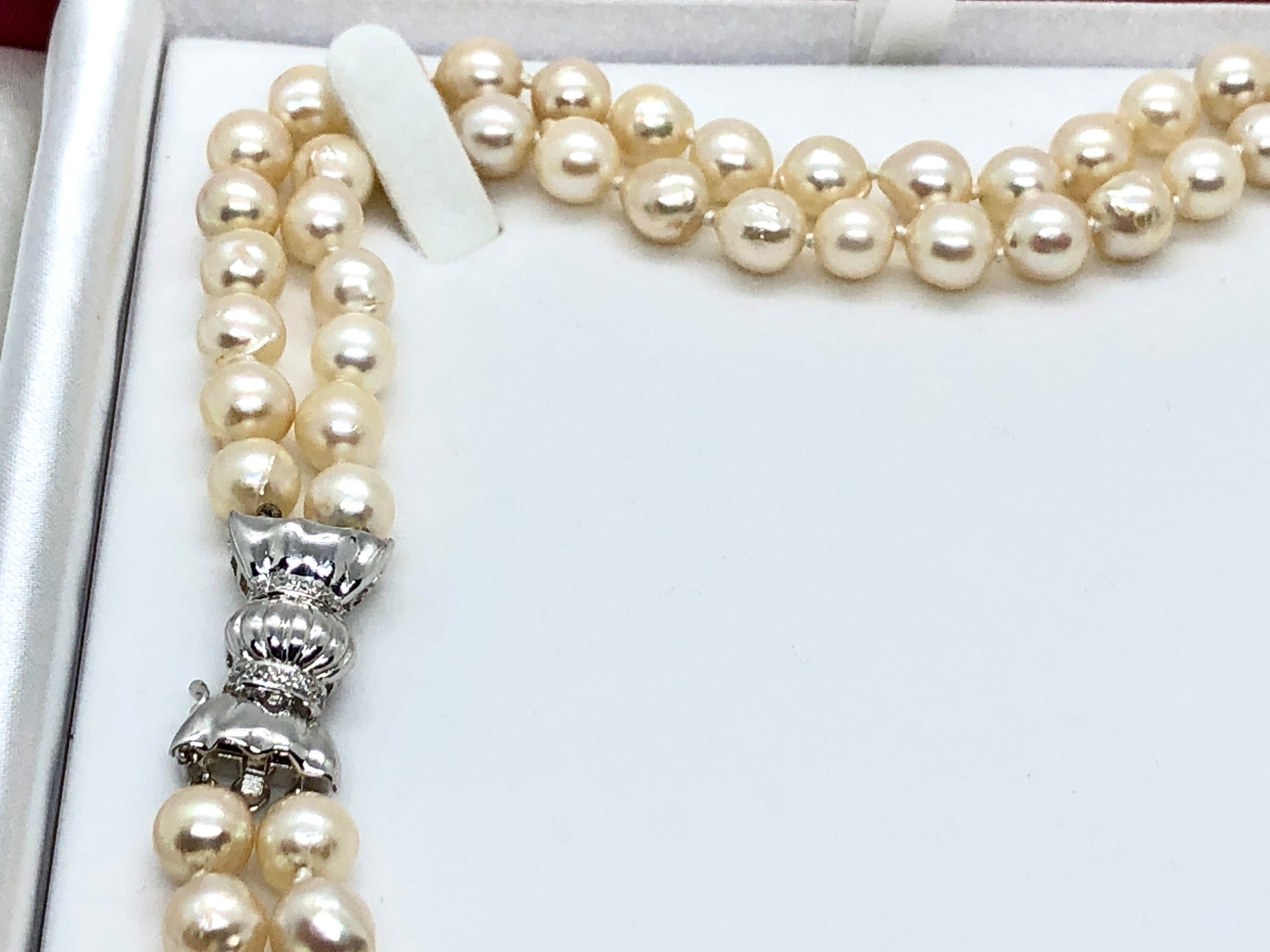 Vintage Double Strand Akoya Pearls w/14K and Diamond Bowtie Clasp